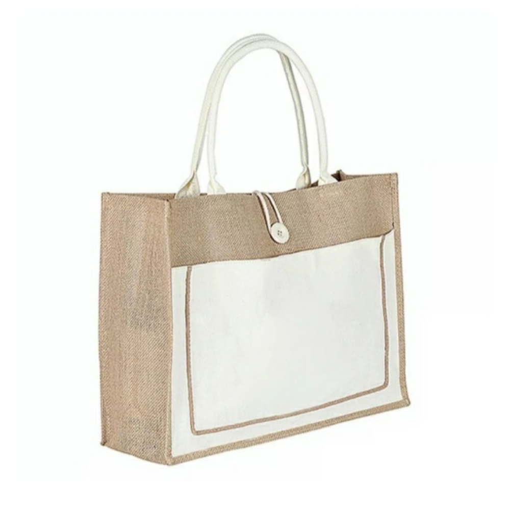 Vintage Style Jute with Cotton Pocket Reusable Tote Grocery Shopping Bag